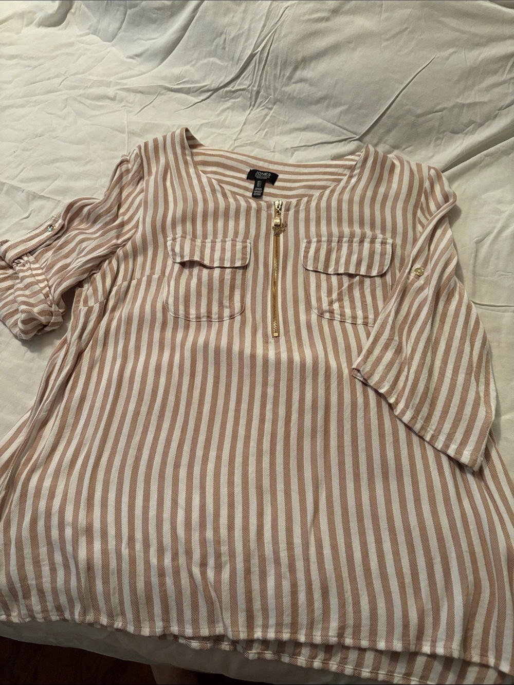Jones New York Cream and Tan Striped Zip-Front Blouse